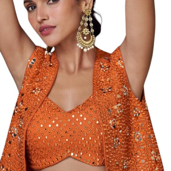 Rust Orange Party Wear Palazzo Suit with Embroidered Jacket - Picture 2 of 3